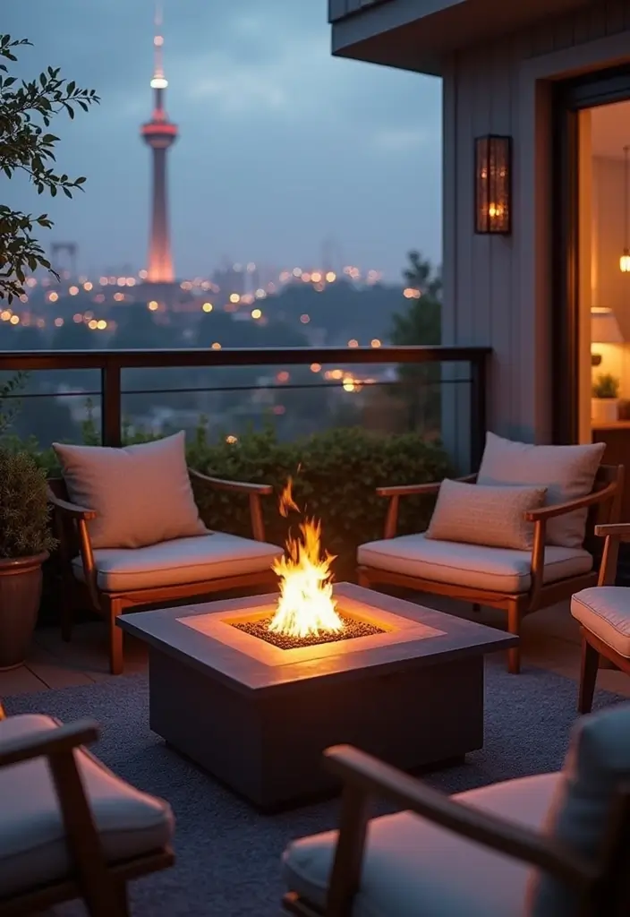 33+ Balcony Decoration Tips for Small and Large Spaces - 24. Incorporate a Fire Pit