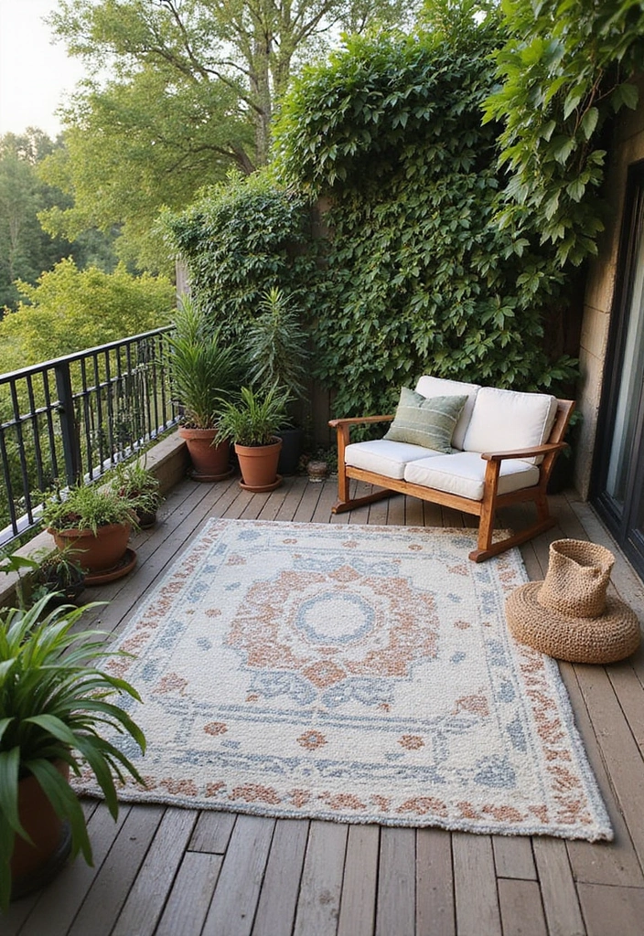 33+ Balcony Decoration Tips for Small and Large Spaces - 7. Outdoor Rugs for Comfort