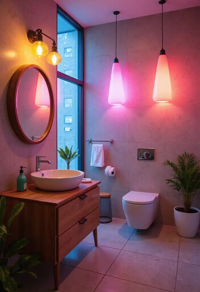 37+ Brilliant Bathroom Lighting Ideas to Brighten Your Day - 14. Colorful Light Fixtures