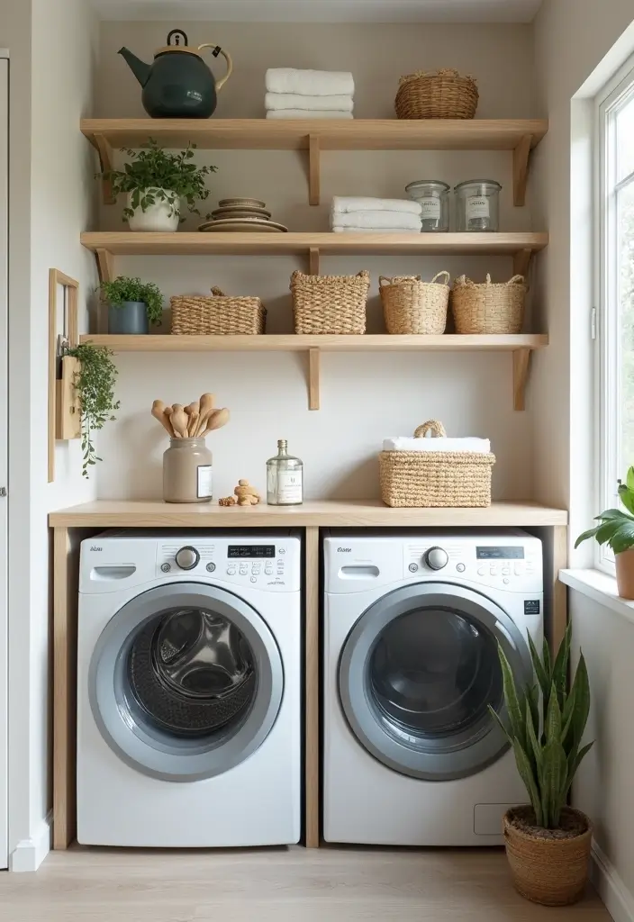 38+ Laundry Room Shelving Ideas for Smart Storage - 12. Open Shelving with Decorative Elements