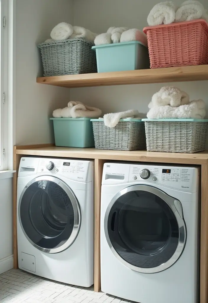 38+ Laundry Room Shelving Ideas for Smart Storage - 26. Use of Color-Coded Storage