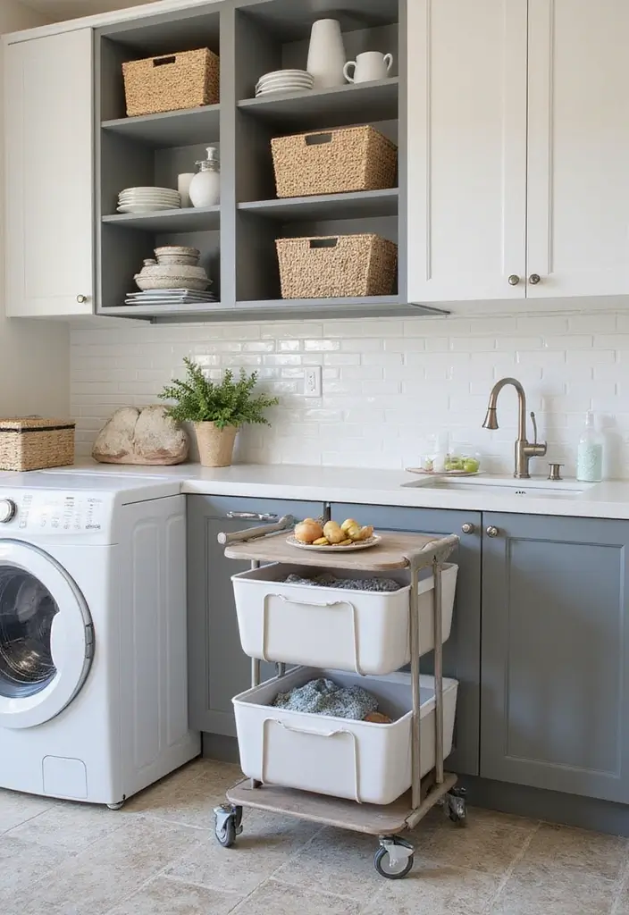 38+ Laundry Room Shelving Ideas for Smart Storage - 30. Stylish Laundry Carts for Mobility