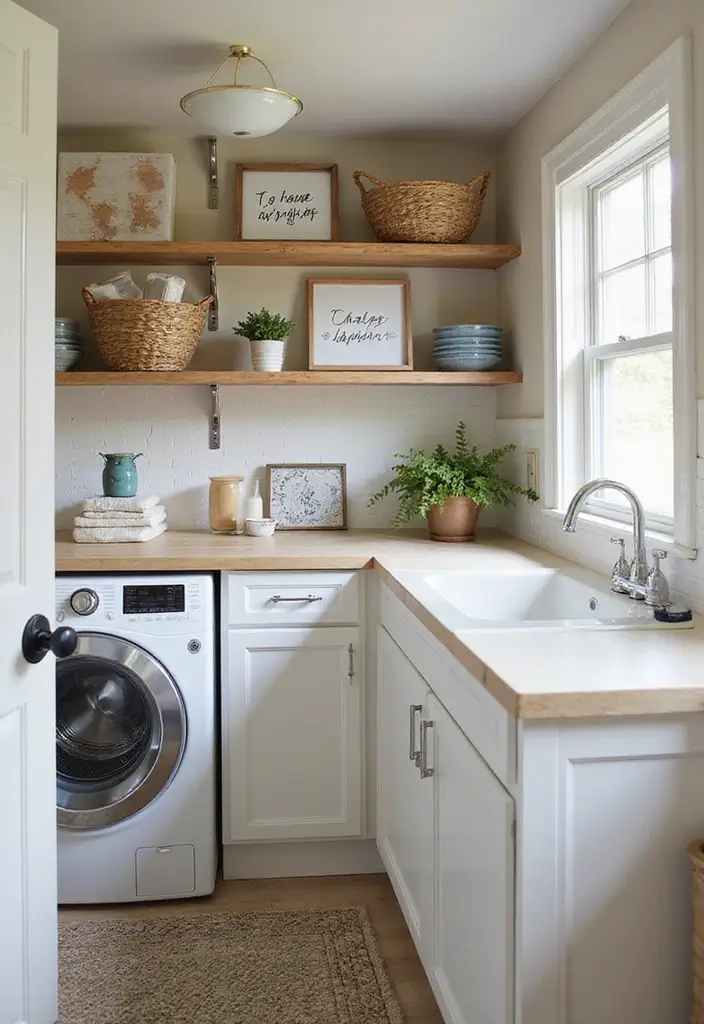 38+ Laundry Room Shelving Ideas for Smart Storage - 37. Creative Use of Shelving for Display