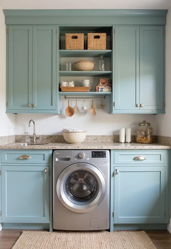 38+ Laundry Room Shelving Ideas for Smart Storage - 9. Wall-Mounted Cabinets with Open Shelving