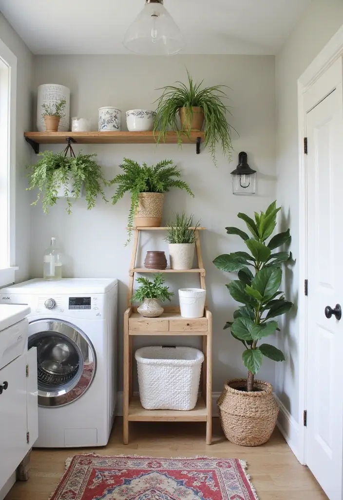 40+ Creative Laundry Room Decor Ideas You’ll Want to Try - 37. Repurposed Plant Stands