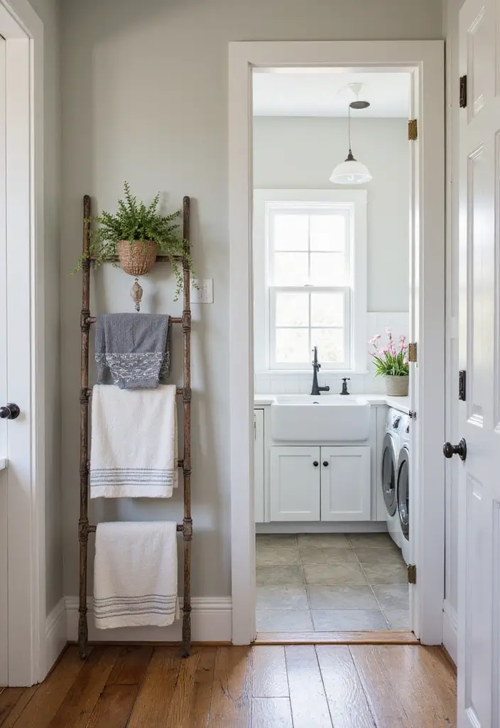 40+ Creative Laundry Room Decor Ideas You’ll Want to Try - 5. Vintage Ladder for Towel Storage