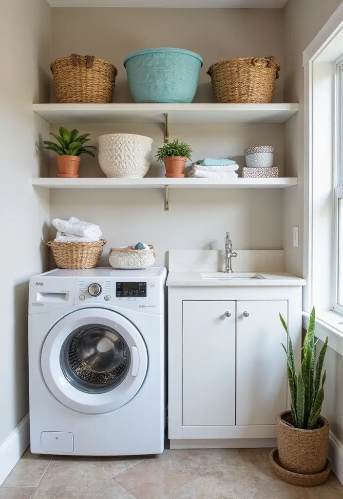 41+ Laundry Room Design Ideas for Function and Flair - 1. Bright and Airy Open Shelving