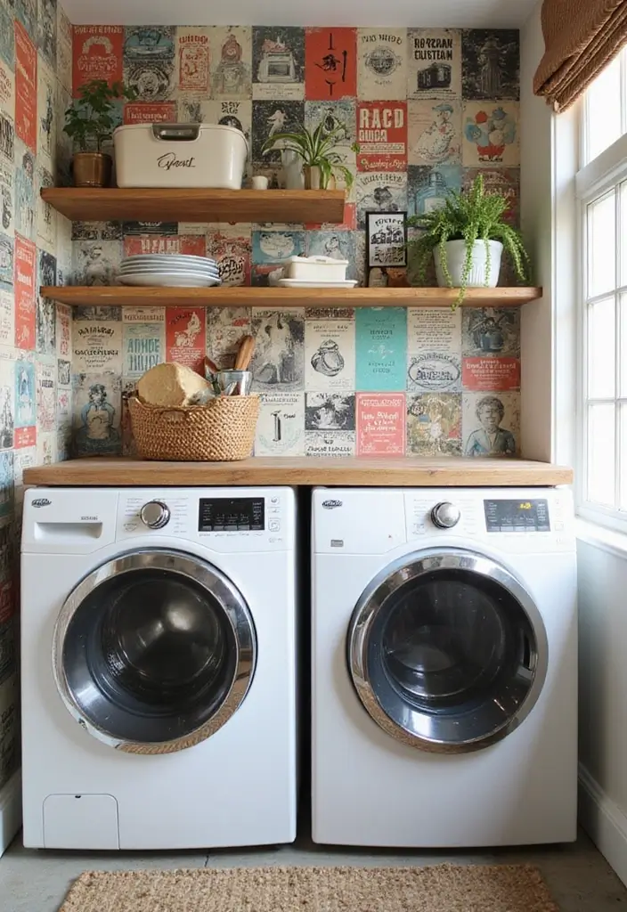 42+ Laundry Room Wallpaper Ideas to Add Personality - 18. Vintage Collage Patterns