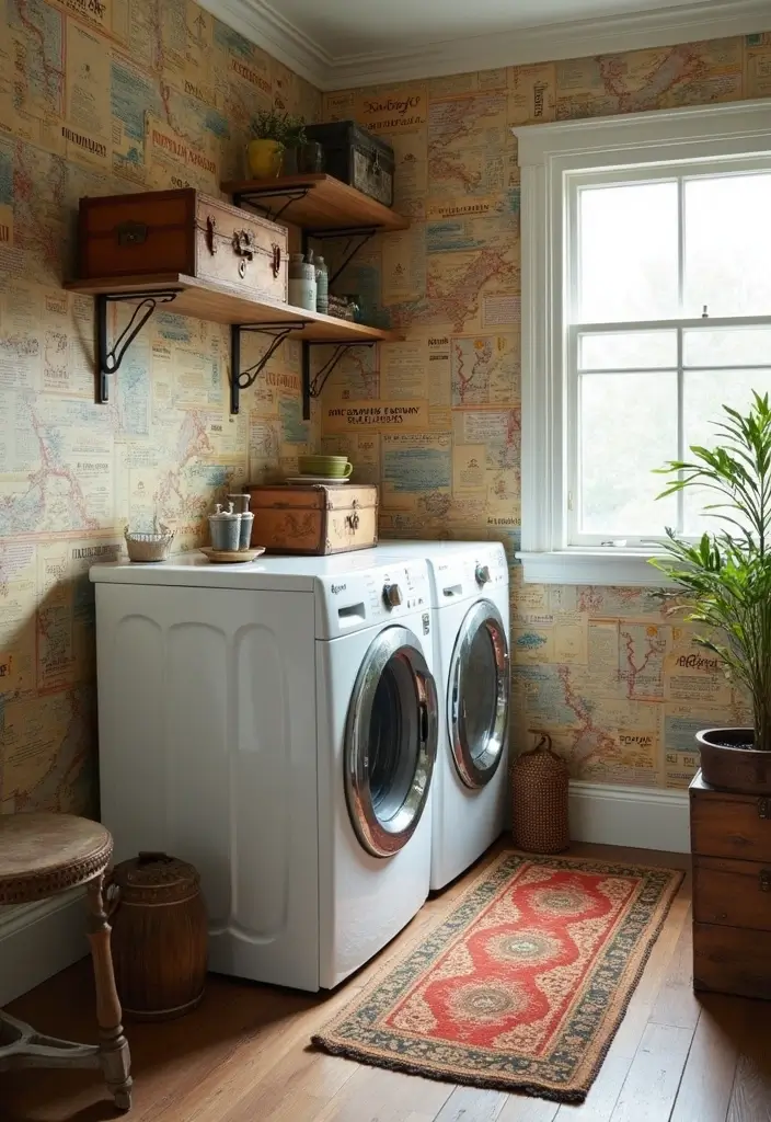 42+ Laundry Room Wallpaper Ideas to Add Personality - 21. Vintage Travel Labels