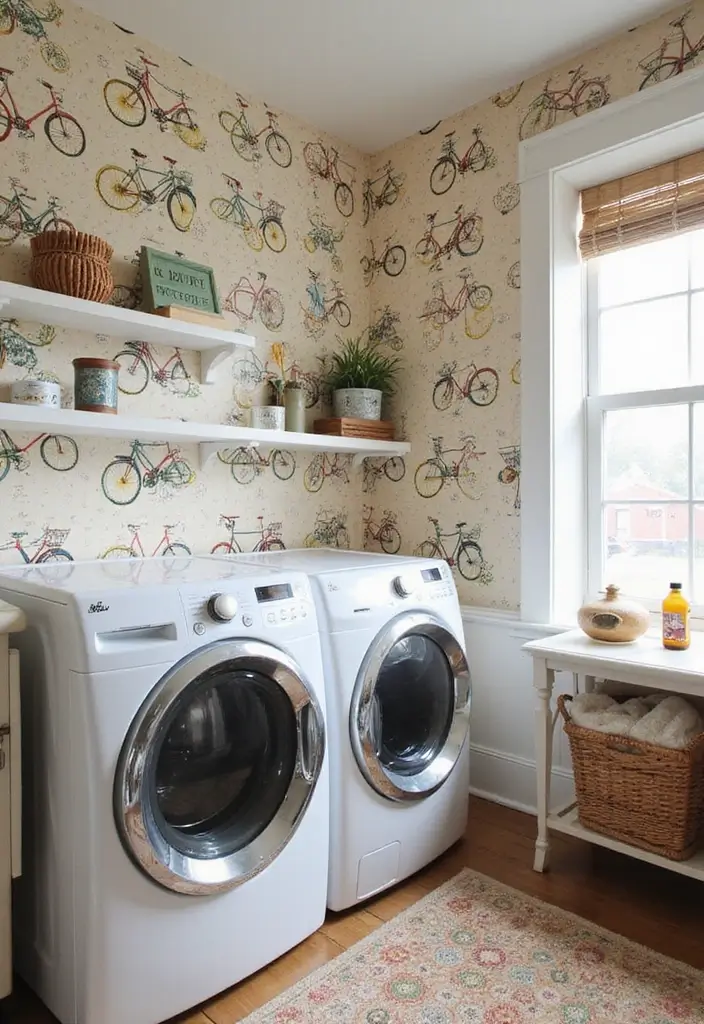 42+ Laundry Room Wallpaper Ideas to Add Personality - 31. Vintage Bicycles