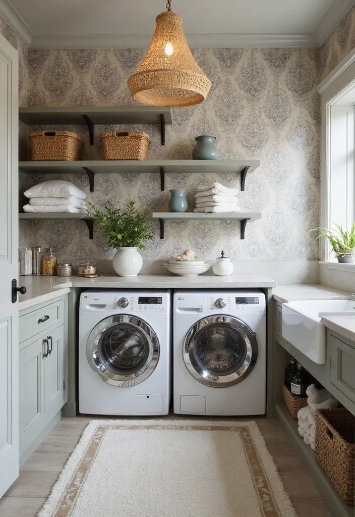 42+ Laundry Room Wallpaper Ideas to Add Personality - 5. Classic Damask Patterns