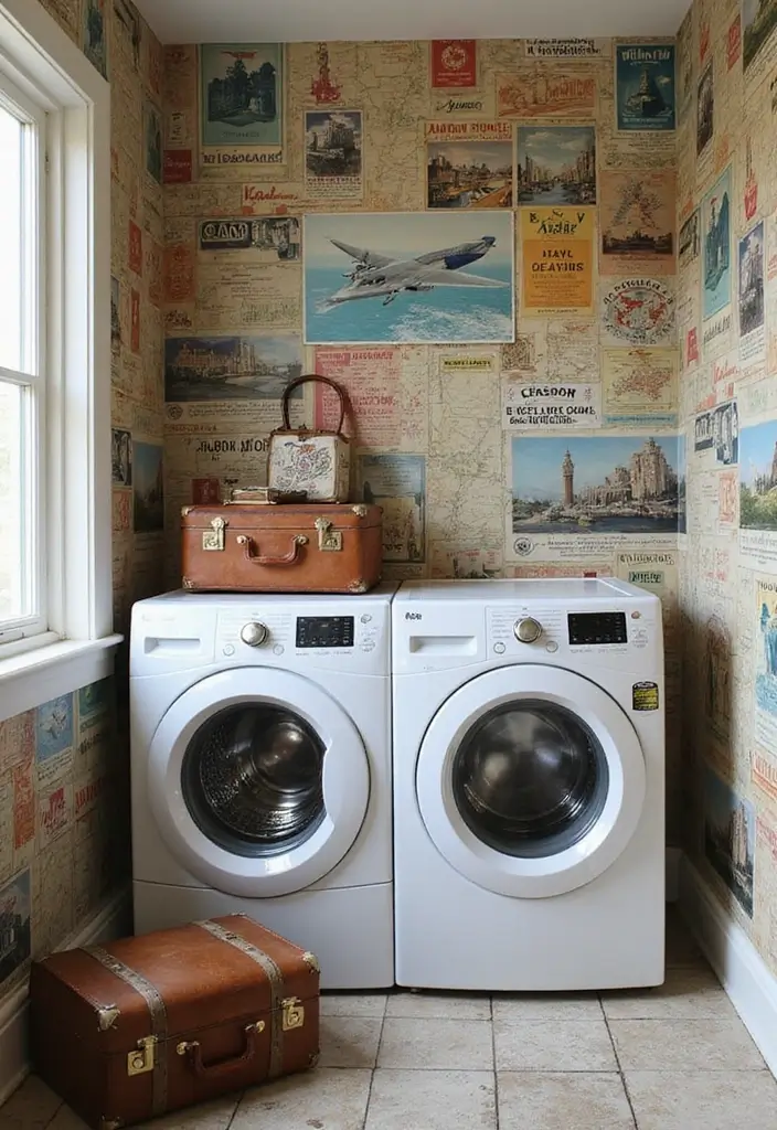 42+ Laundry Room Wallpaper Ideas to Add Personality - 8. Retro Travel Destinations