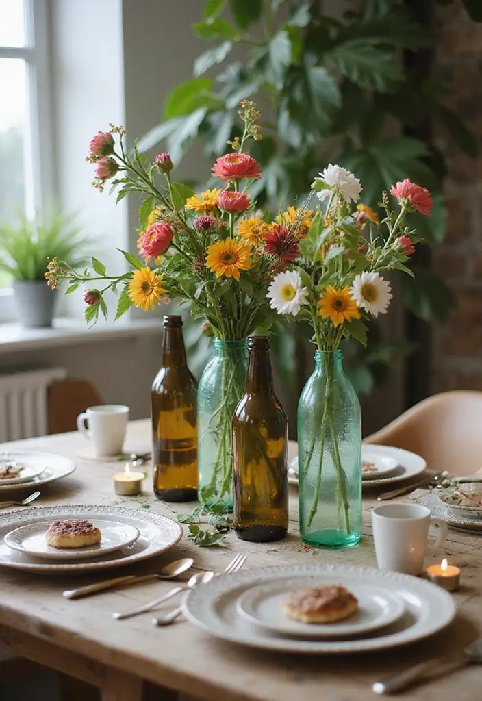 43+ Dining Room Table Decor Ideas for Every Occasion - 19. Upcycled Bottle Centerpieces