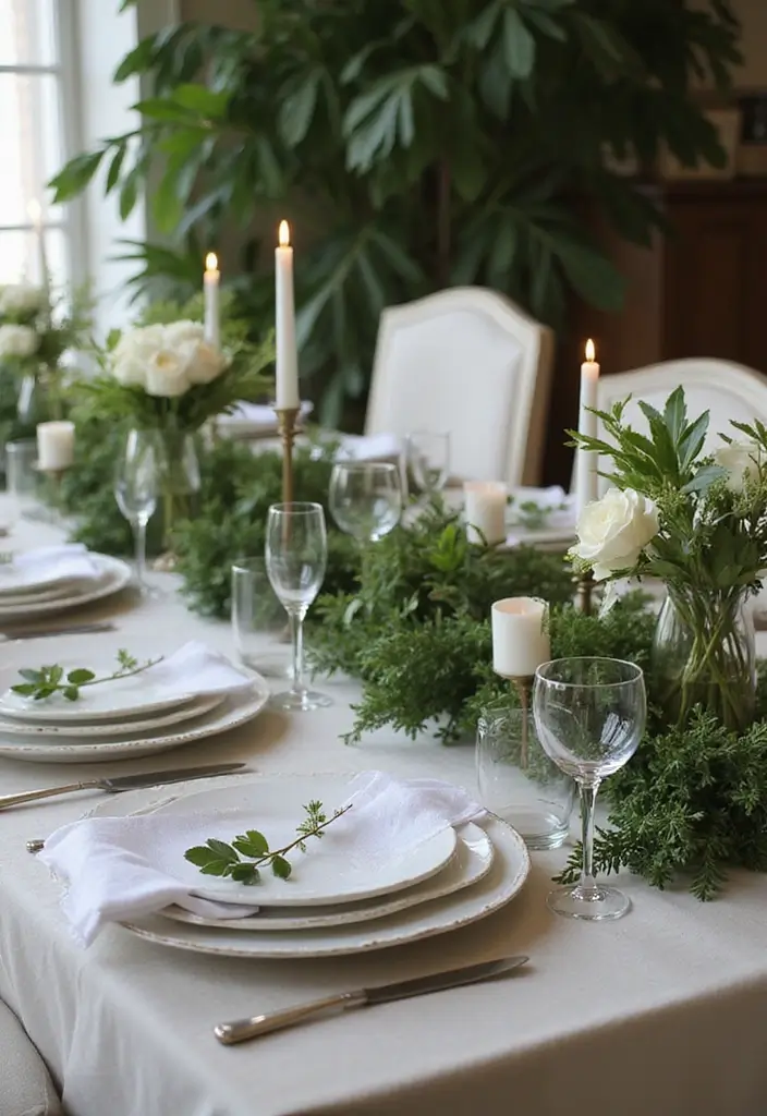 43+ Dining Room Table Decor Ideas for Every Occasion - 2. Elegant White and Green Tablescape