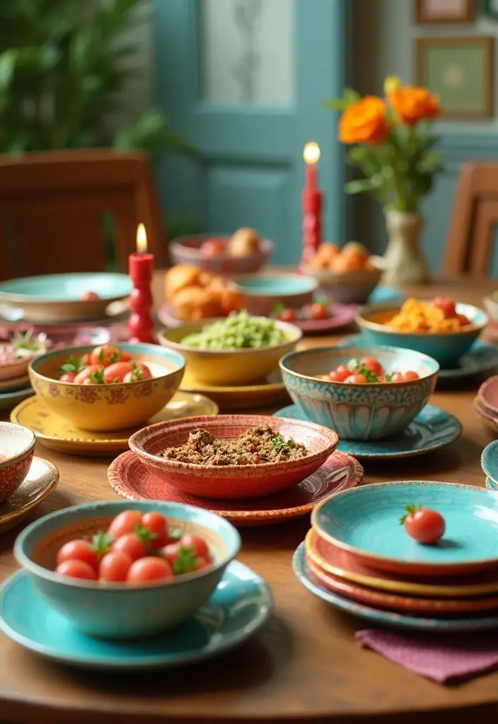 43+ Dining Room Table Decor Ideas for Every Occasion - 37. Colorful Plates and Bowls