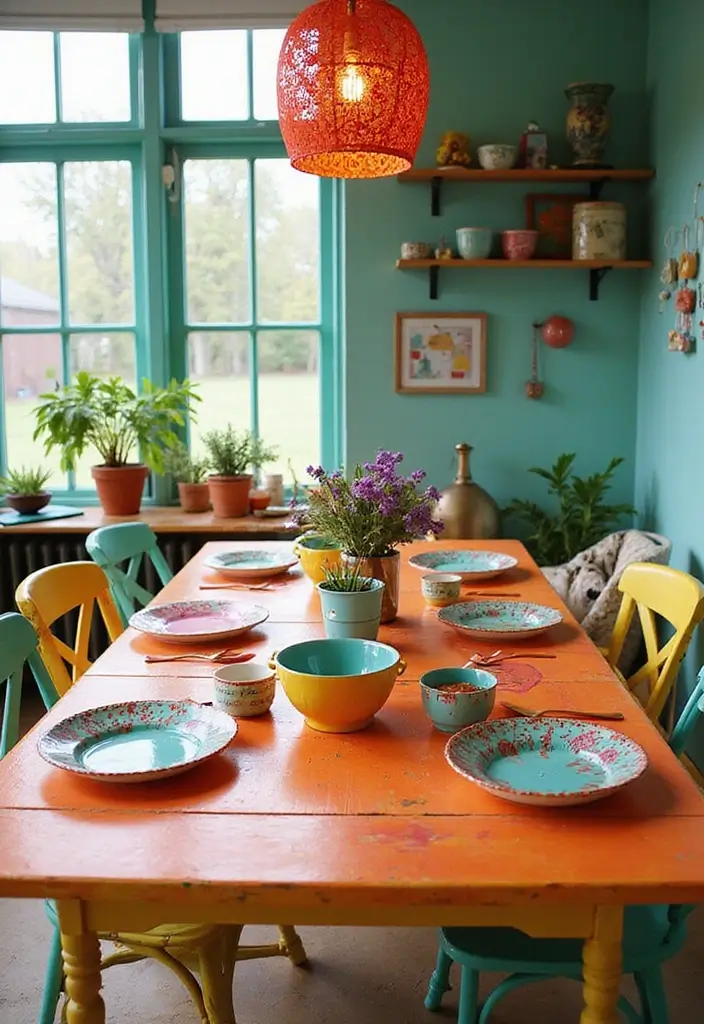 44+ Dining Room Table Ideas to Suit Any Style - 42. Brightly Colored Painted Table