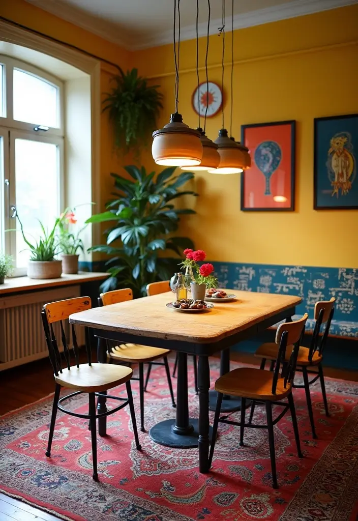 47+ Dining Room Rug Ideas to Complete Your Look - 17. Funky Vintage Finds