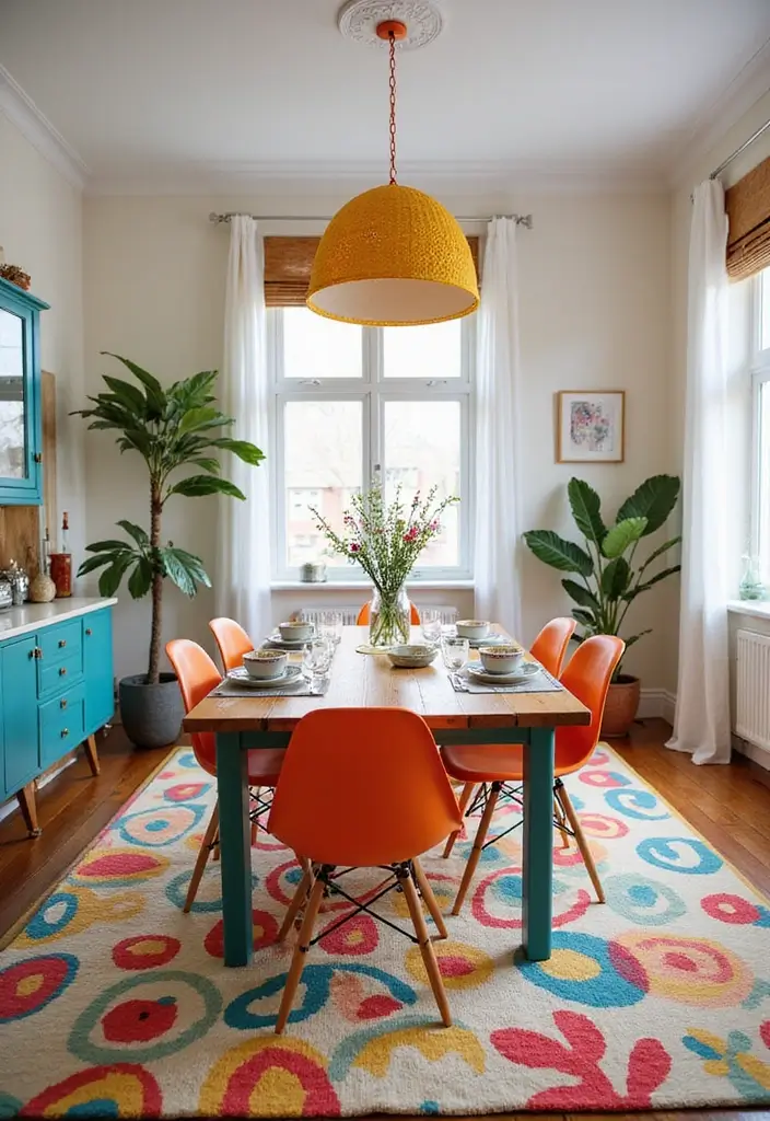 47+ Dining Room Rug Ideas to Complete Your Look - 20. Playful Patterns for a Fun Atmosphere