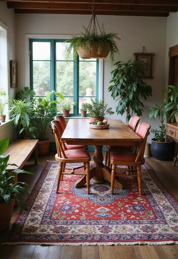 47+ Dining Room Rug Ideas to Complete Your Look - 27. Earthy Bohemian Vibes
