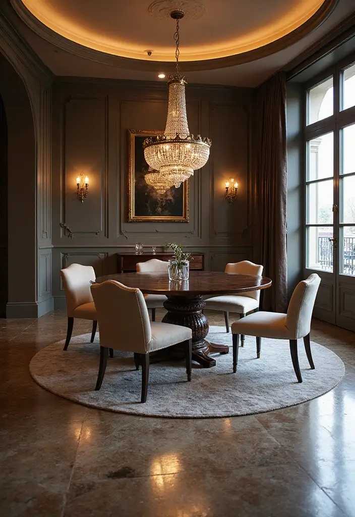 47+ Dining Room Rug Ideas to Complete Your Look - 45. Reflective Surfaces with Shimmer