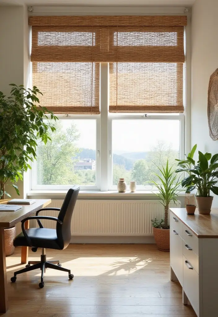 49+ Escritorio Home Office Ideas for Productive Workspaces - 24. Sustainable Window Treatments