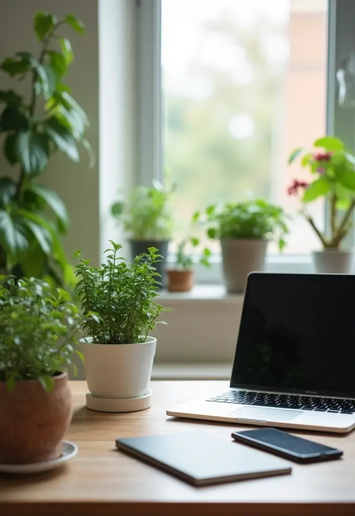 49+ Escritorio Home Office Ideas for Productive Workspaces - 25. Desk Plants for Productivity