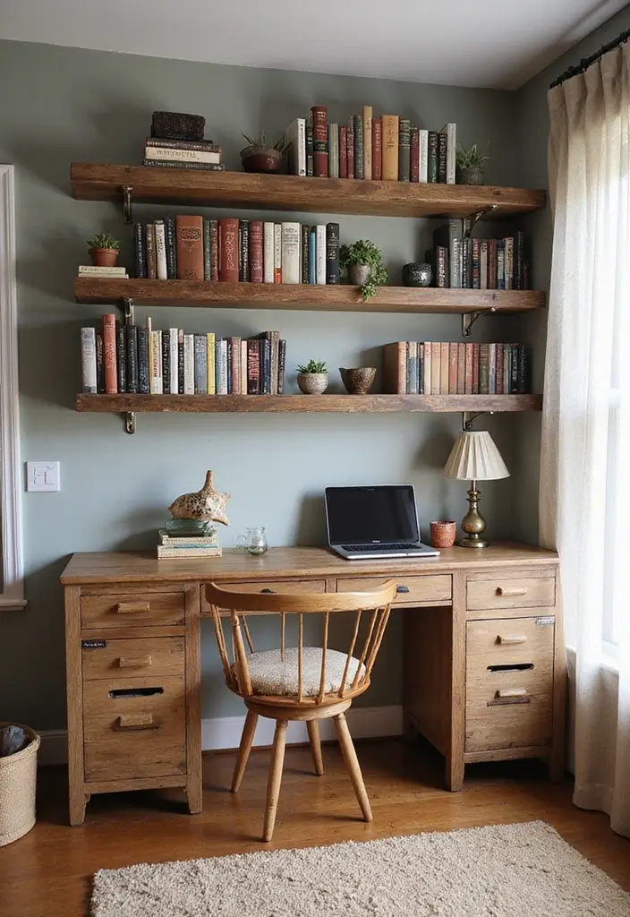 49+ Escritorio Home Office Ideas for Productive Workspaces - 35. Reclaimed Wood Shelving
