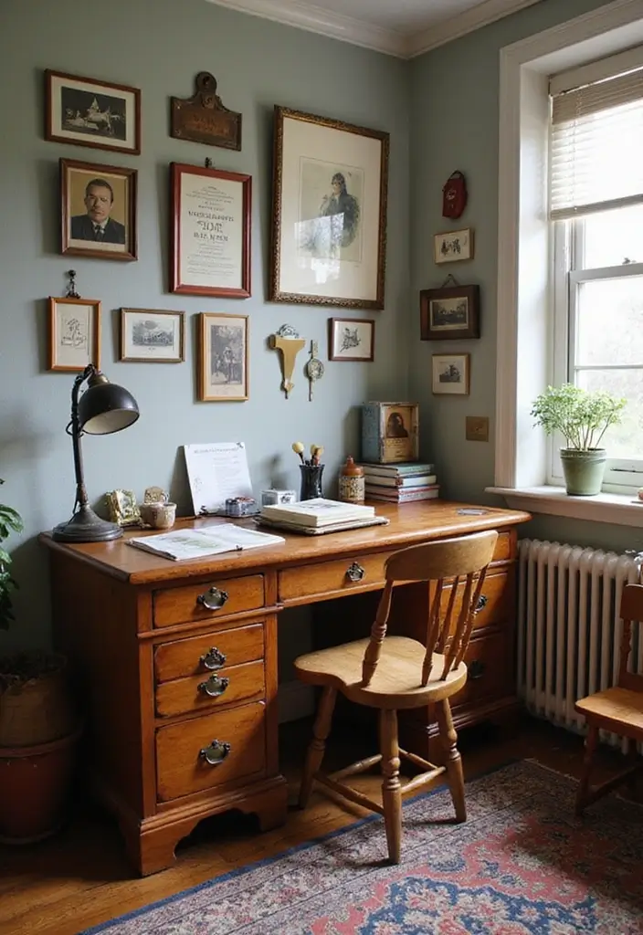 50+ Home Office Decor Ideas for a Stylish Workspace - 17. Vintage Finds for Character