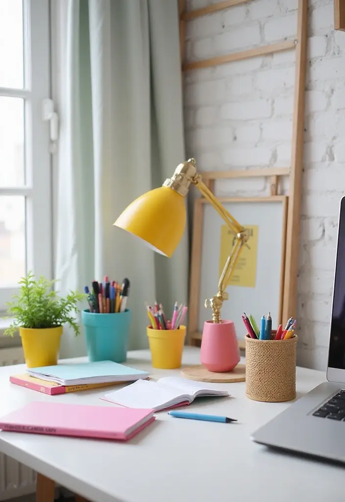 50+ Home Office Decor Ideas for a Stylish Workspace - 25. Using Colorful Office Supplies