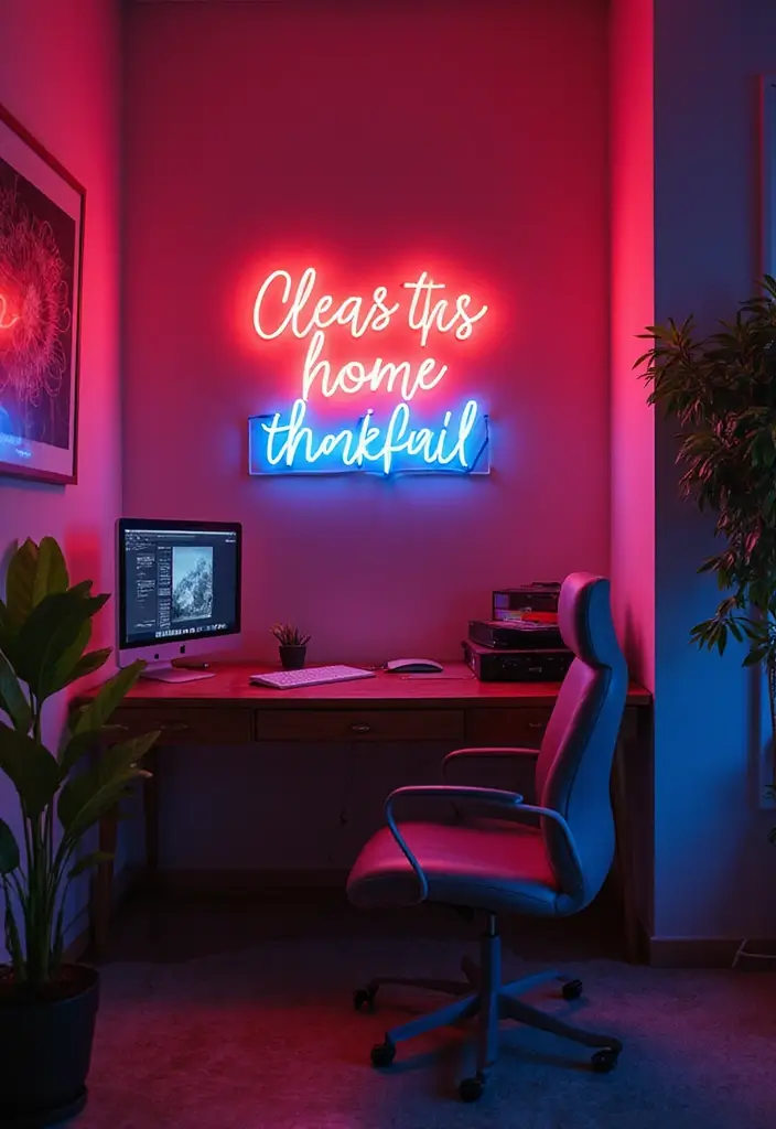 52+ Home Office Lighting Ideas for Focus and Ambience - 16. Neon Light Accents