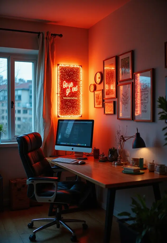52+ Home Office Lighting Ideas for Focus and Ambience - 17. Light-Up Wall Art