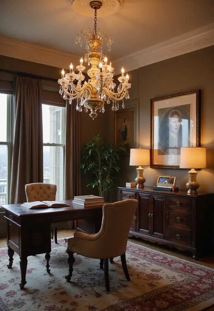 52+ Home Office Lighting Ideas for Focus and Ambience - 31. Glamorous Chandeliers