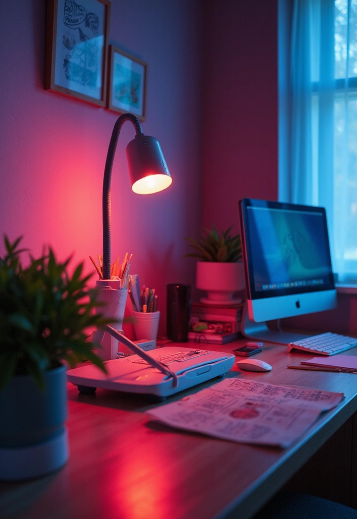 52+ Home Office Lighting Ideas for Focus and Ambience - 38. Task Lighting with Color Filters