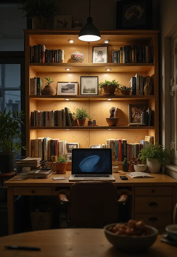 52+ Home Office Lighting Ideas for Focus and Ambience - 44. Under-Shelf Lighting