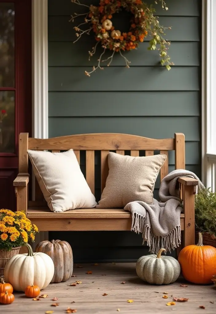 53+ Fall Front Porch Decor Ideas to Welcome the Season - 10. Welcome Benches