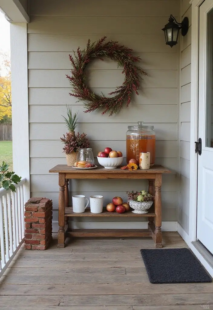 53+ Fall Front Porch Decor Ideas to Welcome the Season - 13. DIY Apple Cider Bar