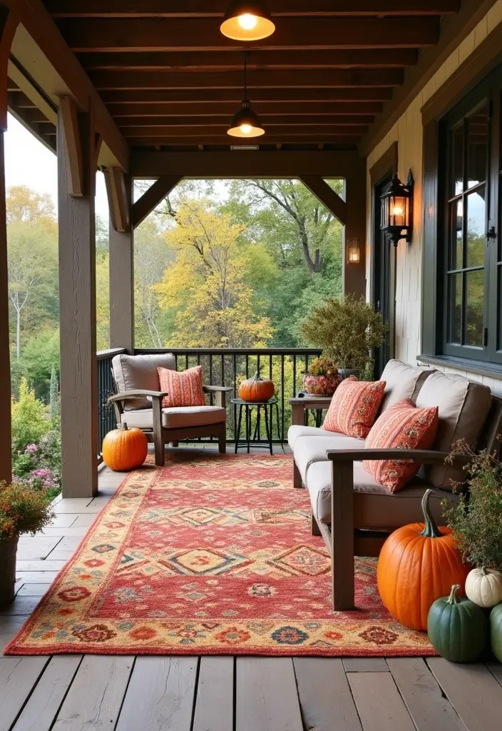 53+ Fall Front Porch Decor Ideas to Welcome the Season - 15. Cozy Outdoor Rugs