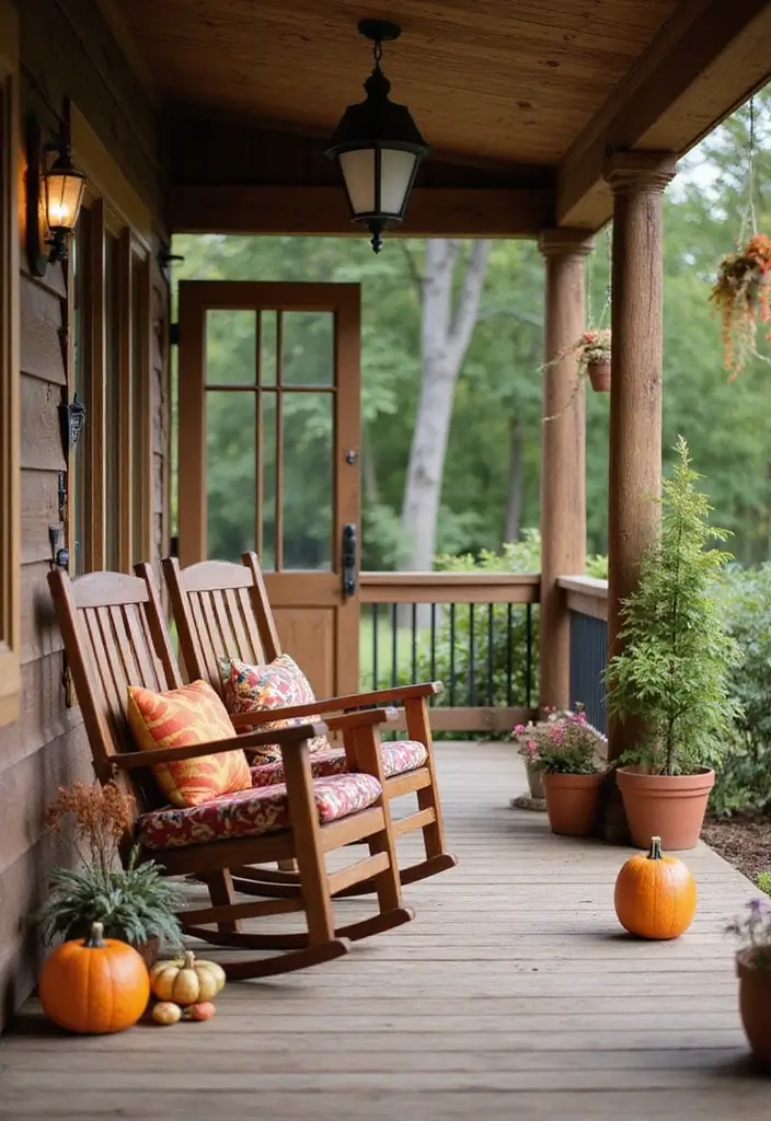 53+ Fall Front Porch Decor Ideas to Welcome the Season - 17. Rustic Rocking Chairs
