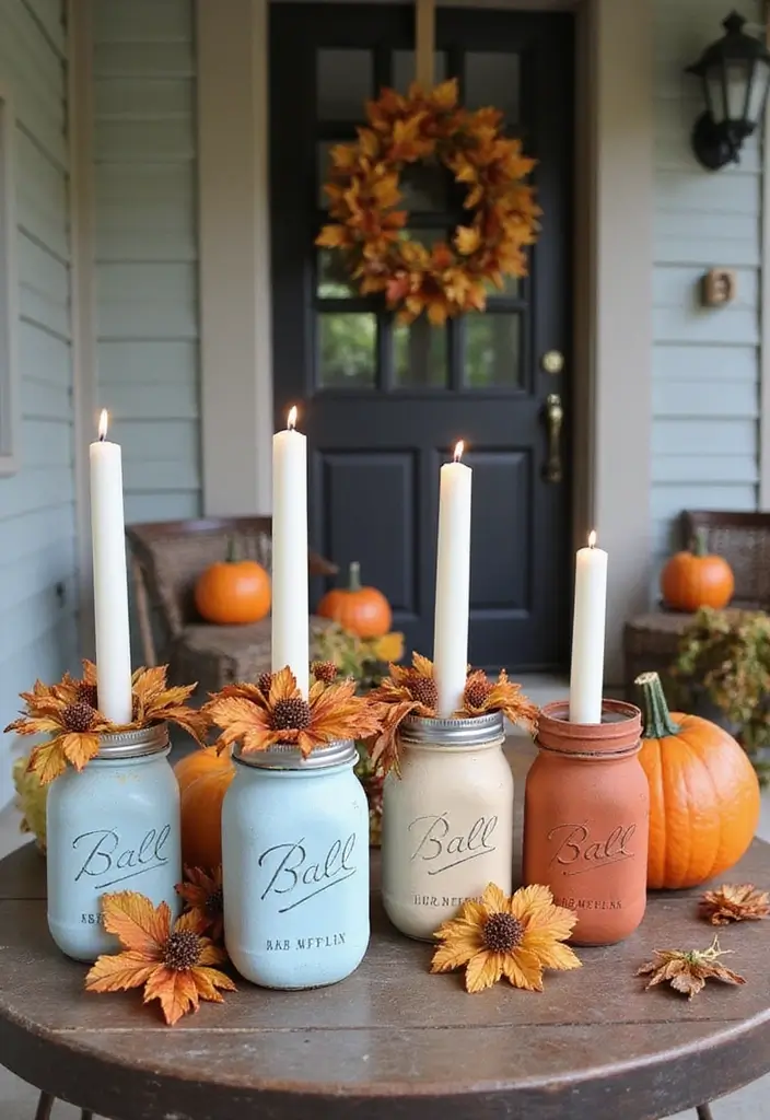 53+ Fall Front Porch Decor Ideas to Welcome the Season - 19. Painted Mason Jars