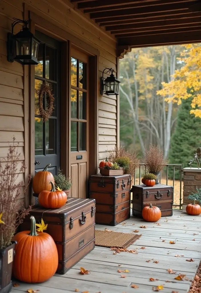 53+ Fall Front Porch Decor Ideas to Welcome the Season - 22. Vintage Trunks and Suitcases