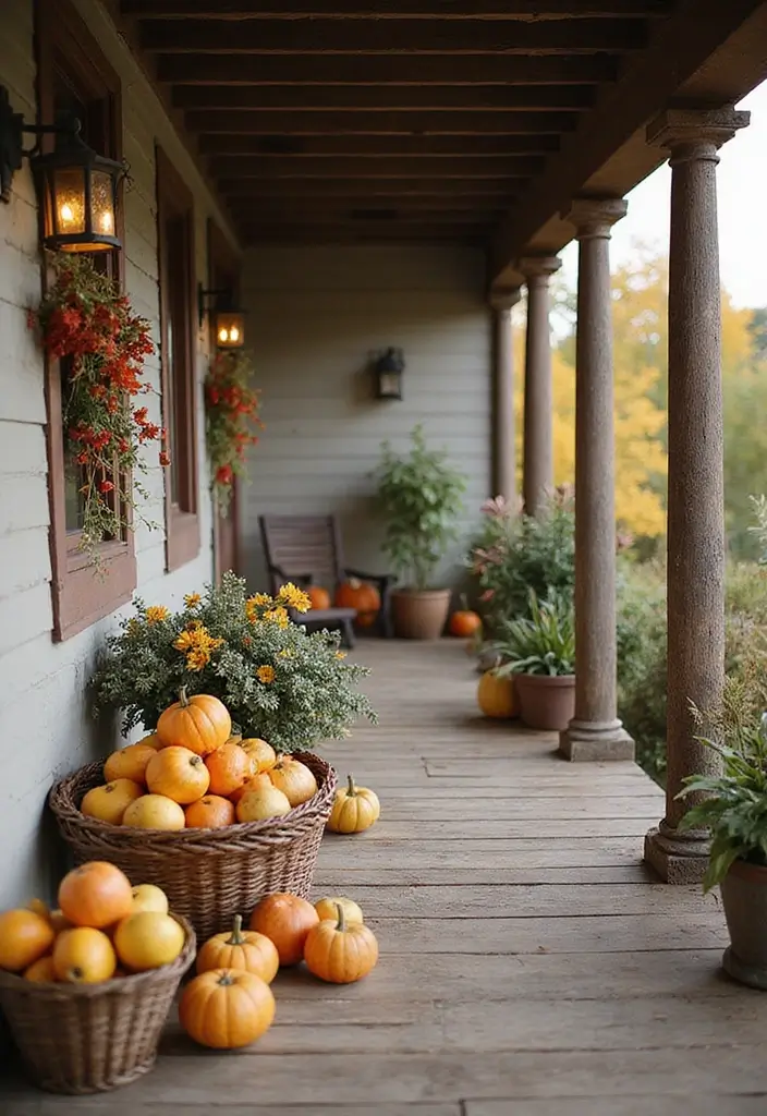 53+ Fall Front Porch Decor Ideas to Welcome the Season - 40. Decorative Fruit Baskets