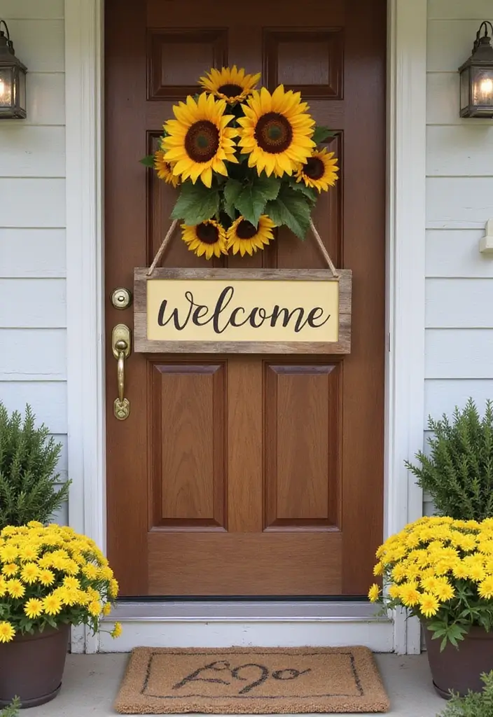 54+ Fall Door Decor Ideas to Make a Statement - 16. Sunflower Welcome Sign
