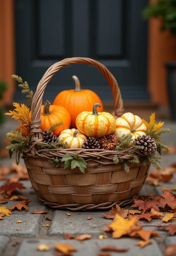 54+ Fall Door Decor Ideas to Make a Statement - 17. Gourd and Pinecone Basket