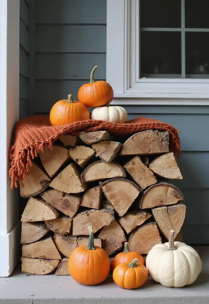 54+ Fall Door Decor Ideas to Make a Statement - 45. Cozy Firewood Display