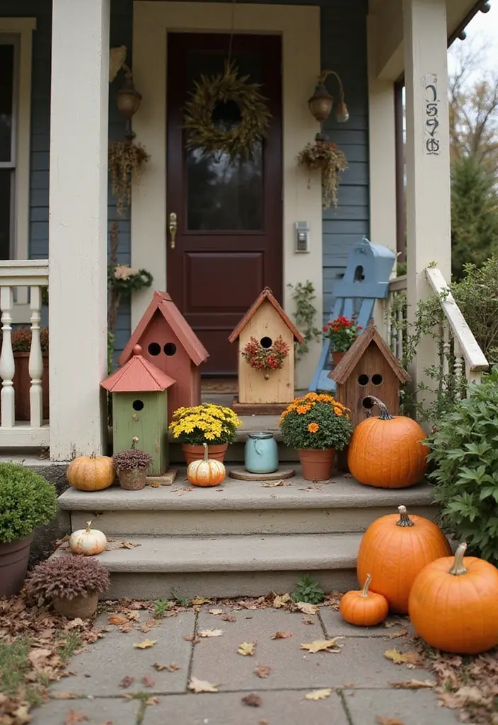 54+ Fall Door Decor Ideas to Make a Statement - 48. Charming Birdhouse Display