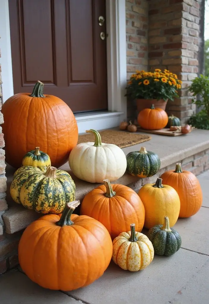 54+ Fall Door Decor Ideas to Make a Statement - 50. Colorful Gourd Display