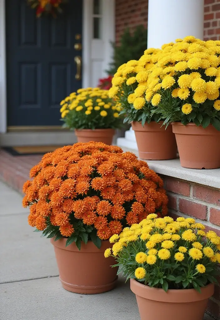 54+ Fall Door Decor Ideas to Make a Statement - 51. Potted Mums