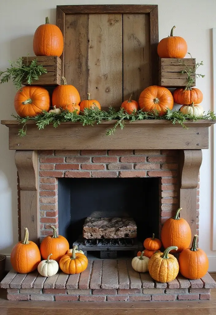 55+ Fall Mantel Decor Ideas for a Cozy Home - 1. Rustic Pumpkin Display