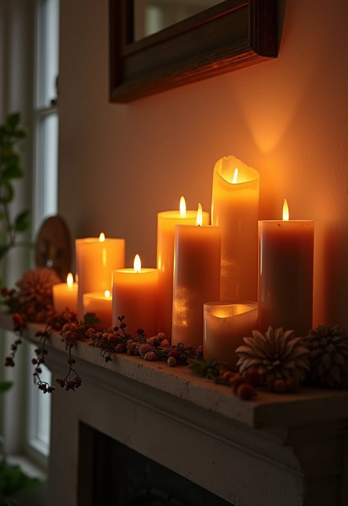 55+ Fall Mantel Decor Ideas for a Cozy Home - 10. Autumn Candle Display