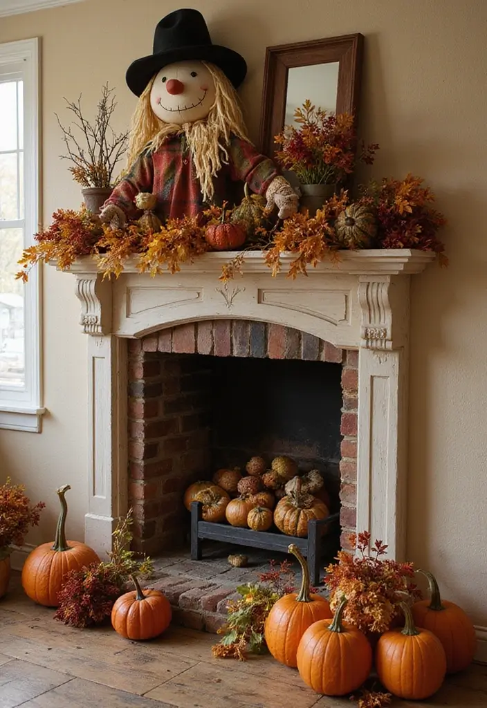 55+ Fall Mantel Decor Ideas for a Cozy Home - 12. Whimsical Scarecrows